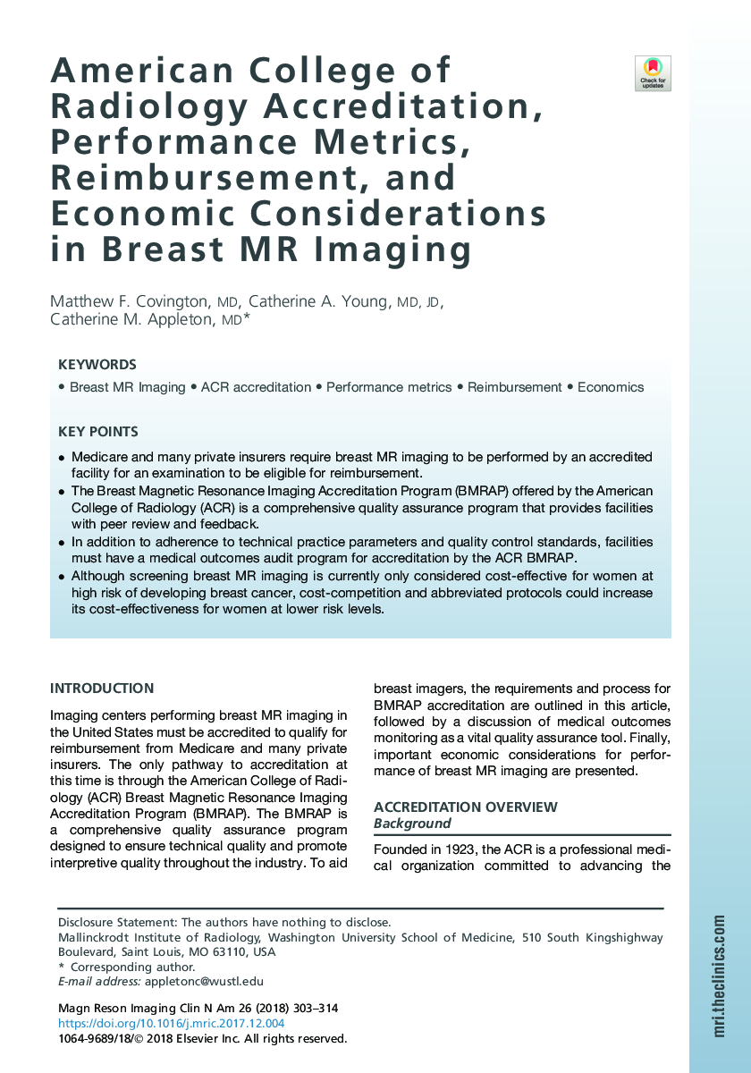 American College of Radiology Accreditation, Performance Metrics, Reimbursement, and Economic Considerations in Breast MR Imaging