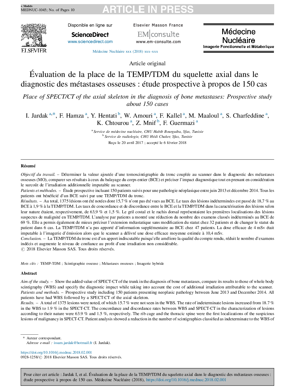 Ãvaluation de la place de la TEMP/TDM du squelette axial dans le diagnostic des métastases osseusesÂ : étude prospective Ã  propos de 150Â cas