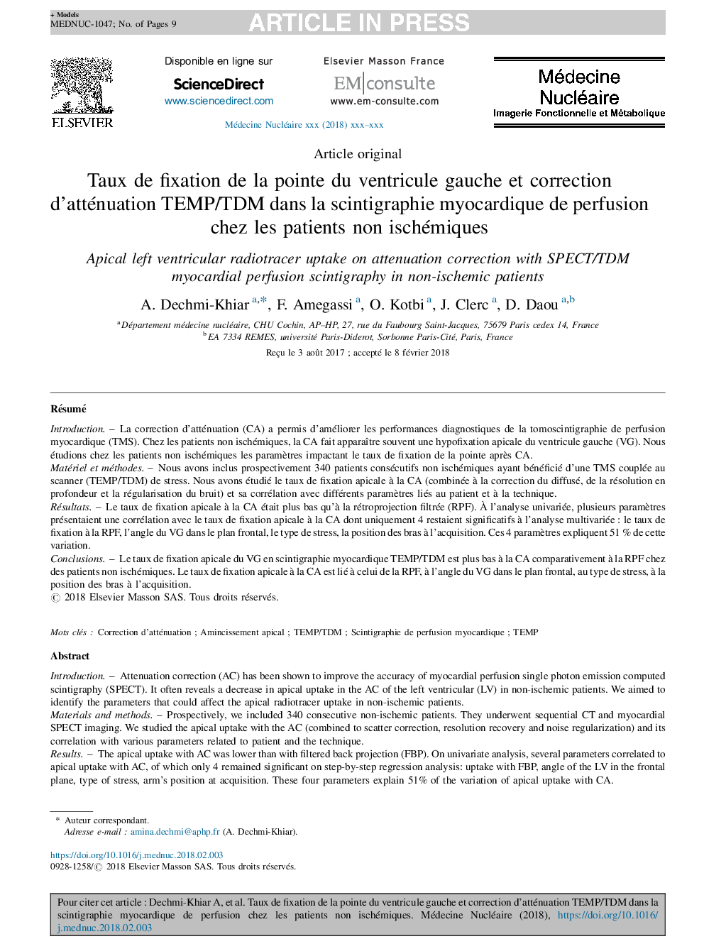 Taux de fixation de la pointe du ventricule gauche et correction d'atténuation TEMP/TDM dans la scintigraphie myocardique de perfusion chez les patients non ischémiques