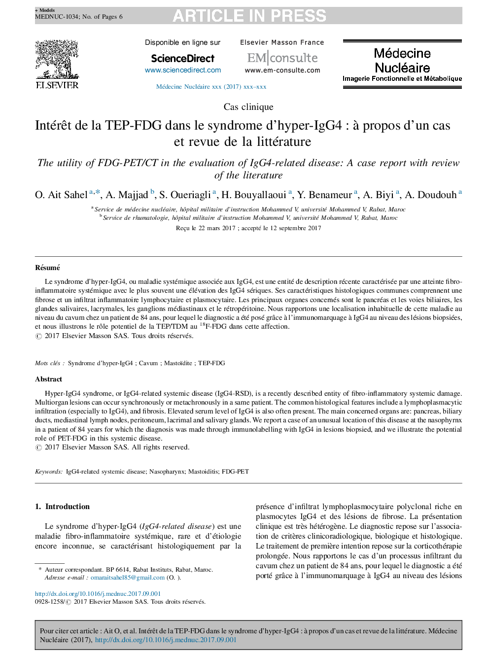 IntérÃªt de la TEP-FDG dans le syndrome d'hyper-IgG4Â : Ã  propos d'un cas et revue de la littérature