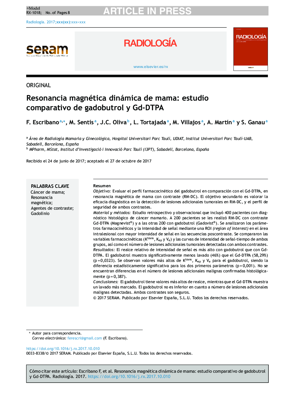 Resonancia magnética dinámica de mama: estudio comparativo de gadobutrol y Gd-DTPA