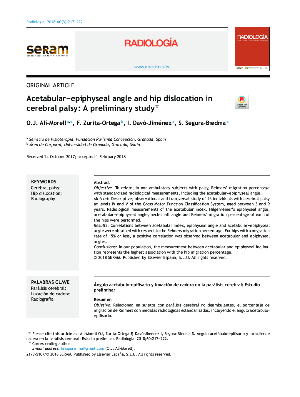 Acetabular-epiphyseal angle and hip dislocation in cerebral palsy: A preliminary study