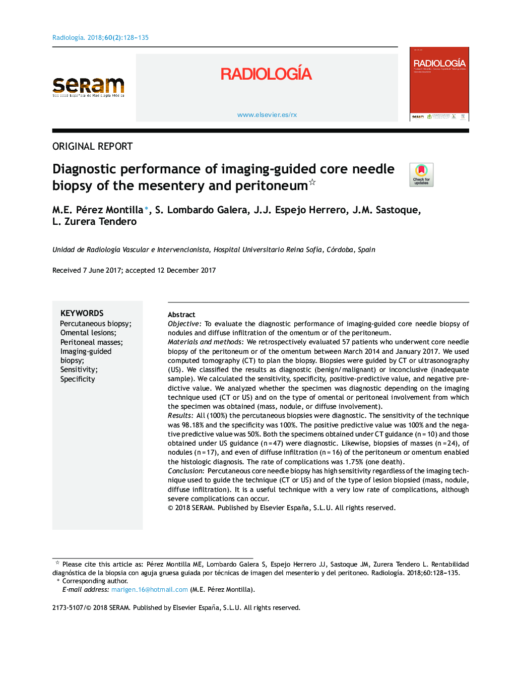 Diagnostic performance of imaging-guided core needle biopsy of the mesentery and peritoneum