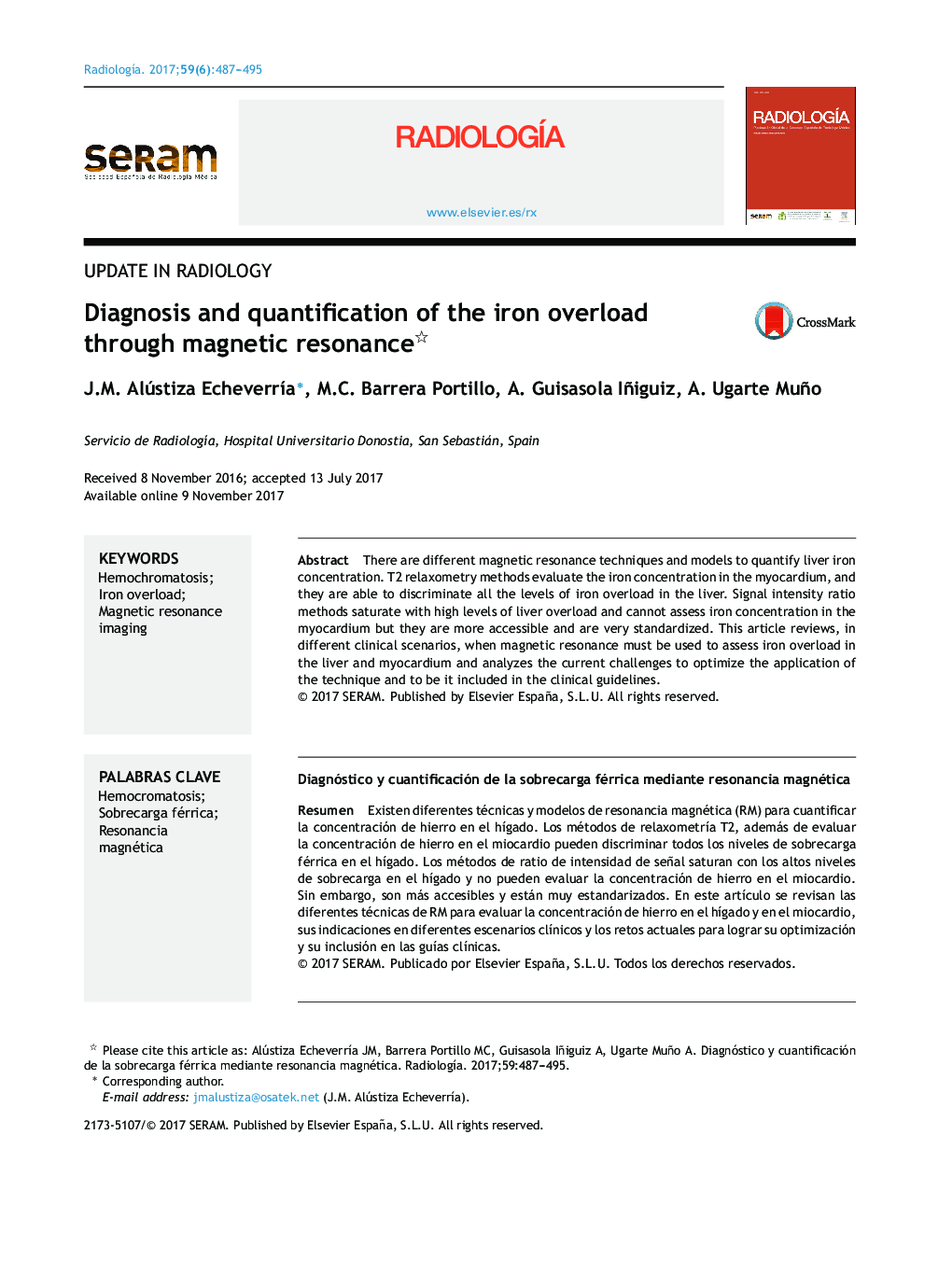 Diagnosis and quantification of the iron overload through magnetic resonance