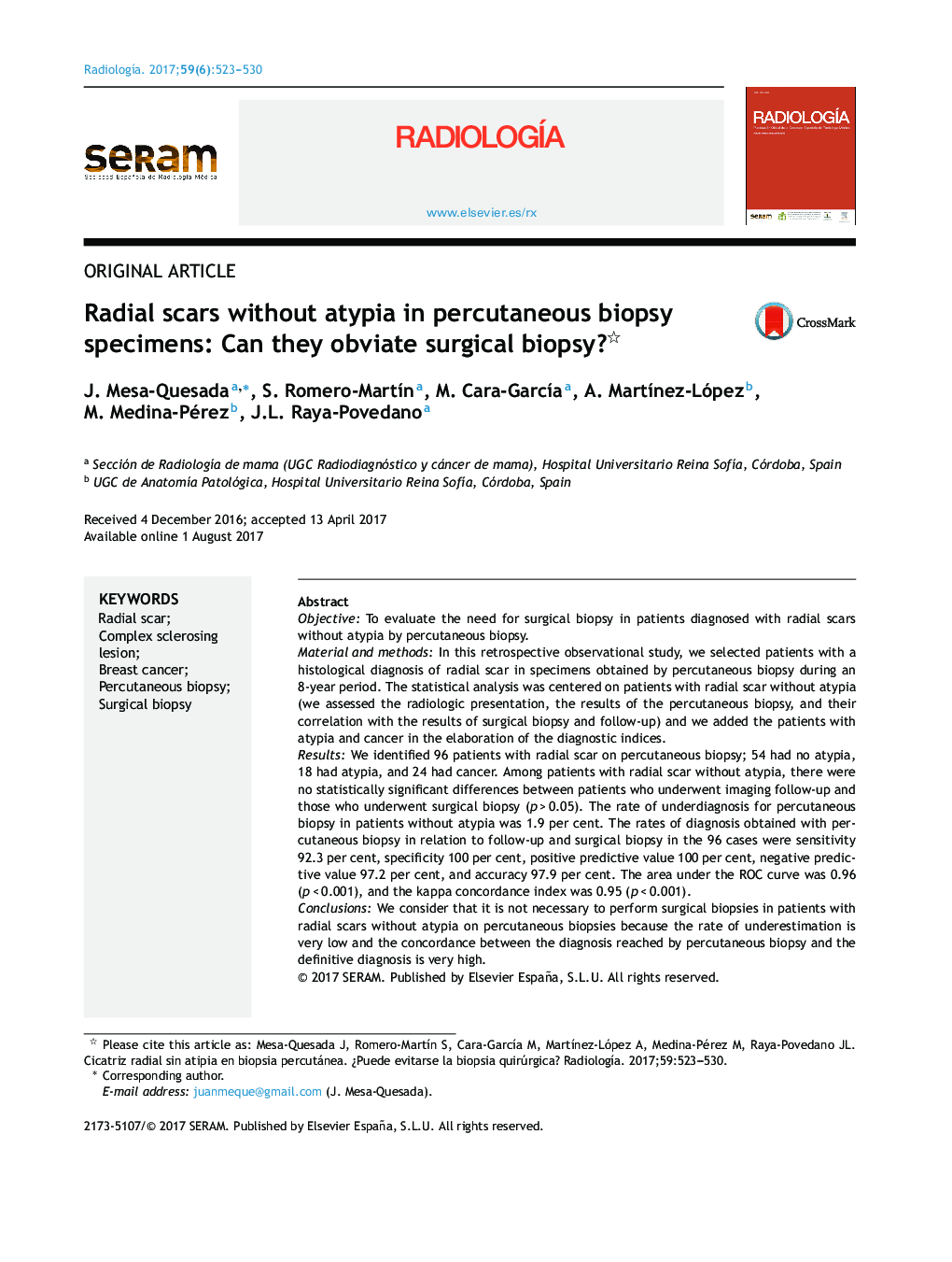 Radial scars without atypia in percutaneous biopsy specimens: Can they obviate surgical biopsy?