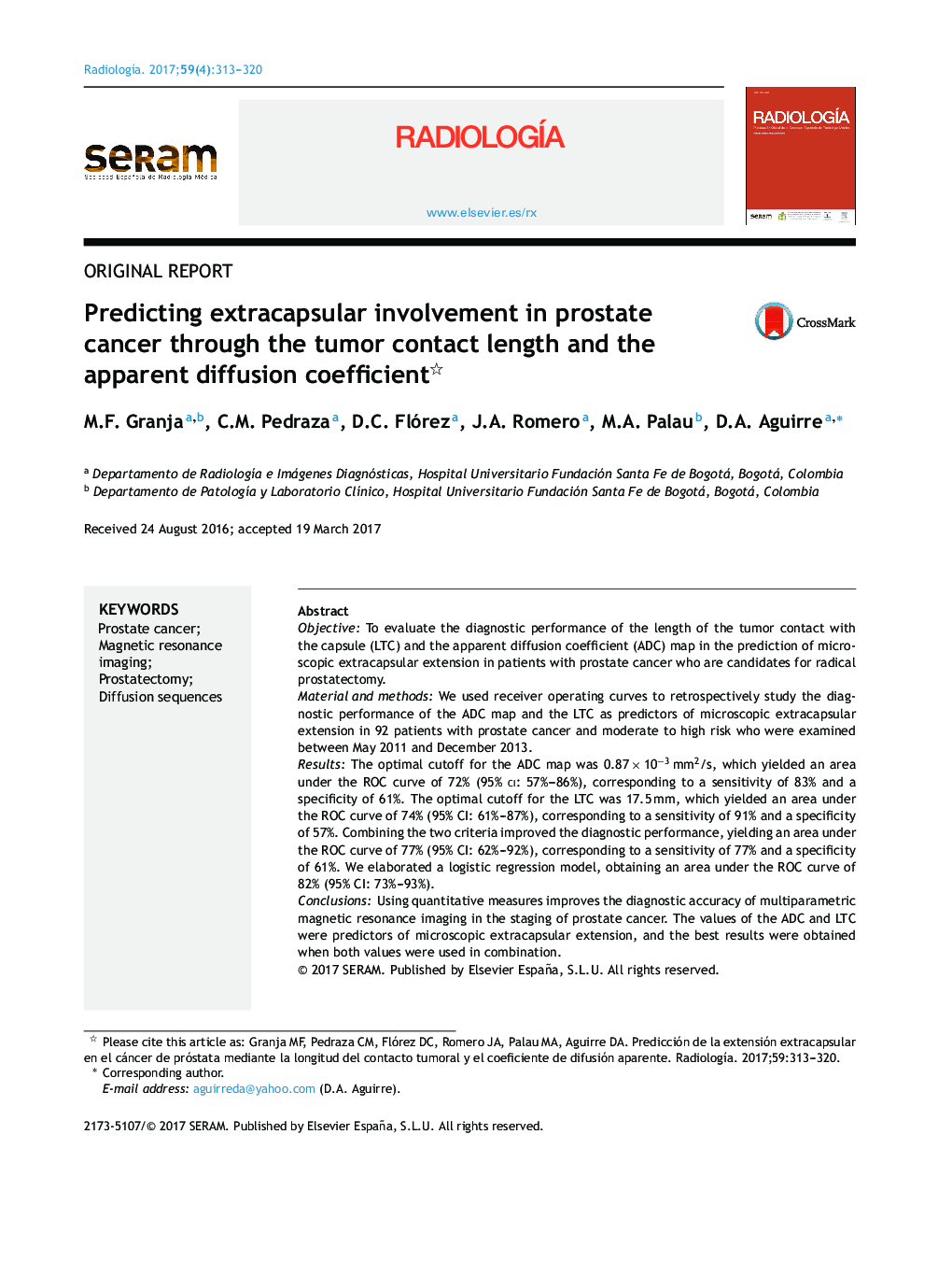 Predicting extracapsular involvement in prostate cancer through the tumor contact length and the apparent diffusion coefficient
