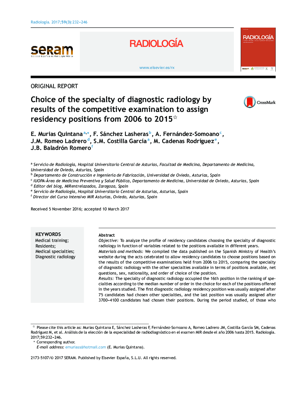 Choice of the specialty of diagnostic radiology by results of the competitive examination to assign residency positions from 2006 to 2015