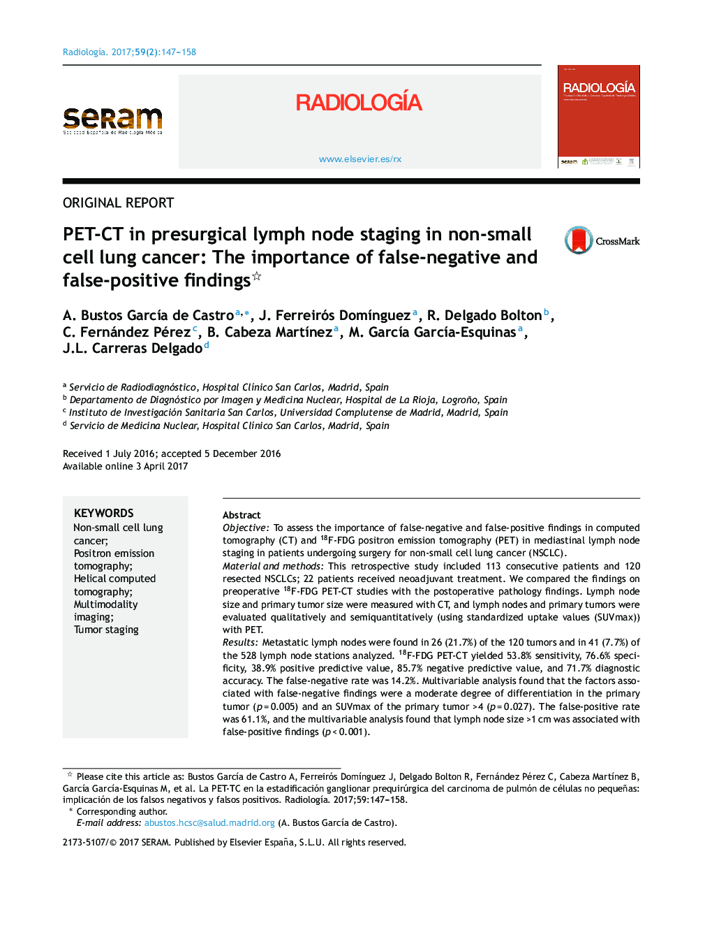 PET-CT in presurgical lymph node staging in non-small cell lung cancer: The importance of false-negative and false-positive findings