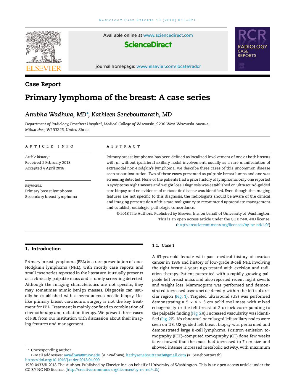 Primary lymphoma of the breast: A case series