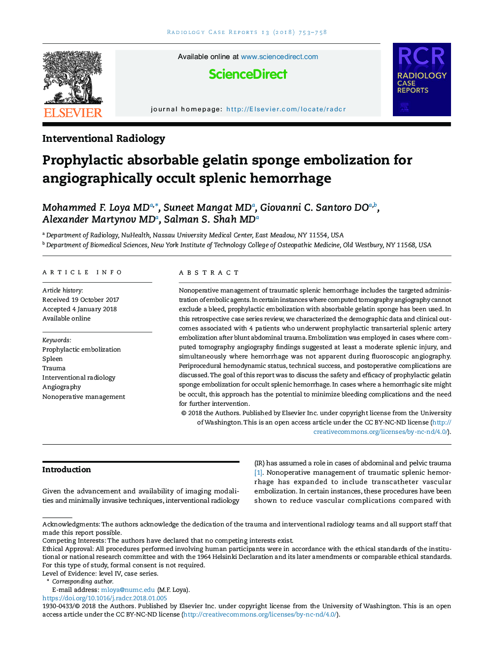 ProphylacticÂ absorbableÂ gelatinÂ spongeÂ embolizationÂ forÂ angiographicallyÂ occultÂ splenicÂ hemorrhage