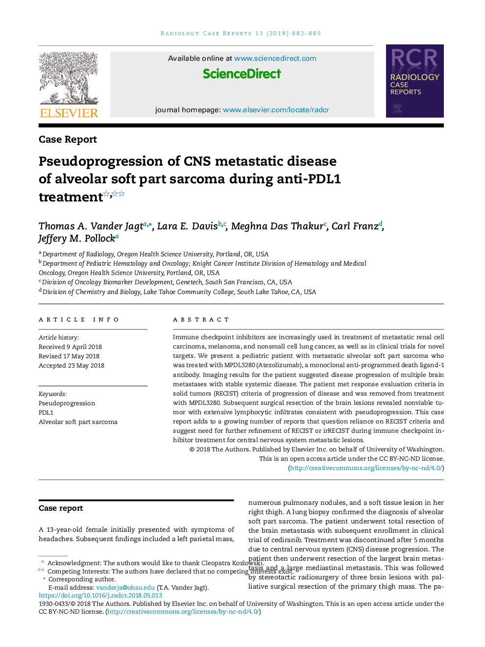 Pseudoprogression of CNS metastatic disease of alveolar soft part sarcoma during anti-PDL1 treatment