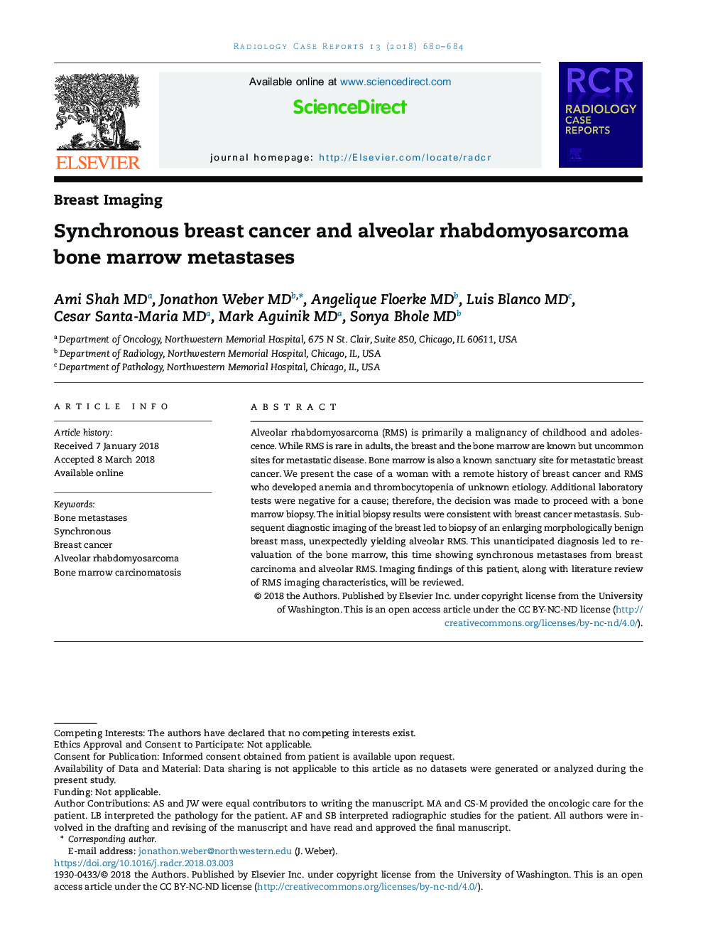 Synchronous breast cancer and alveolar rhabdomyosarcoma bone marrow metastases