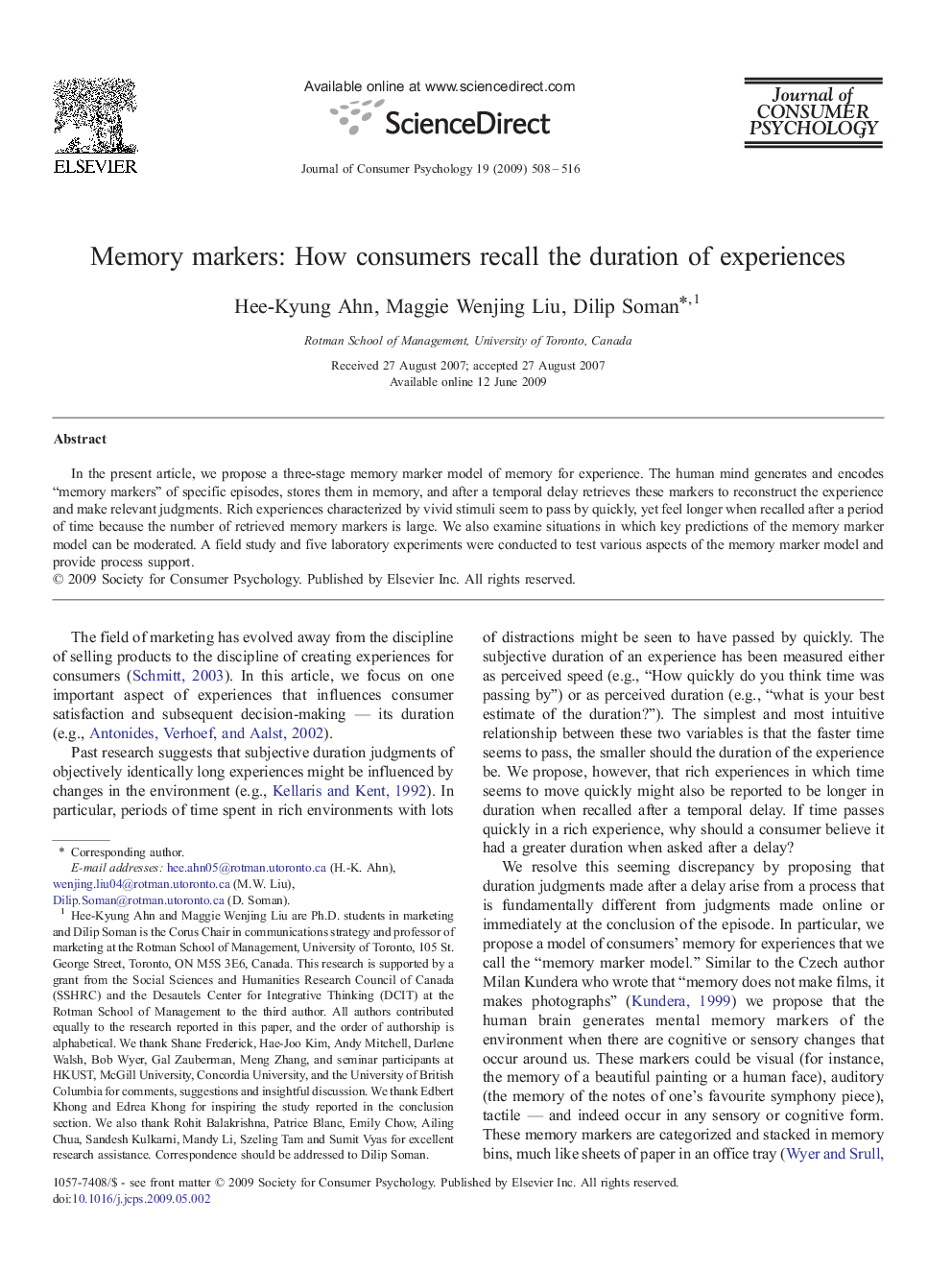 Memory markers: How consumers recall the duration of experiences