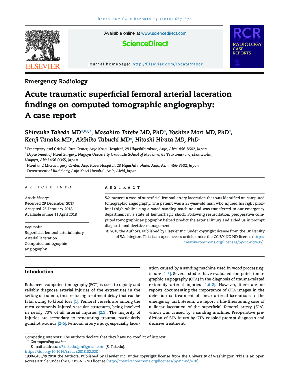 Acute traumatic superficial femoral arterial laceration findings on computed tomographic angiography: A case report