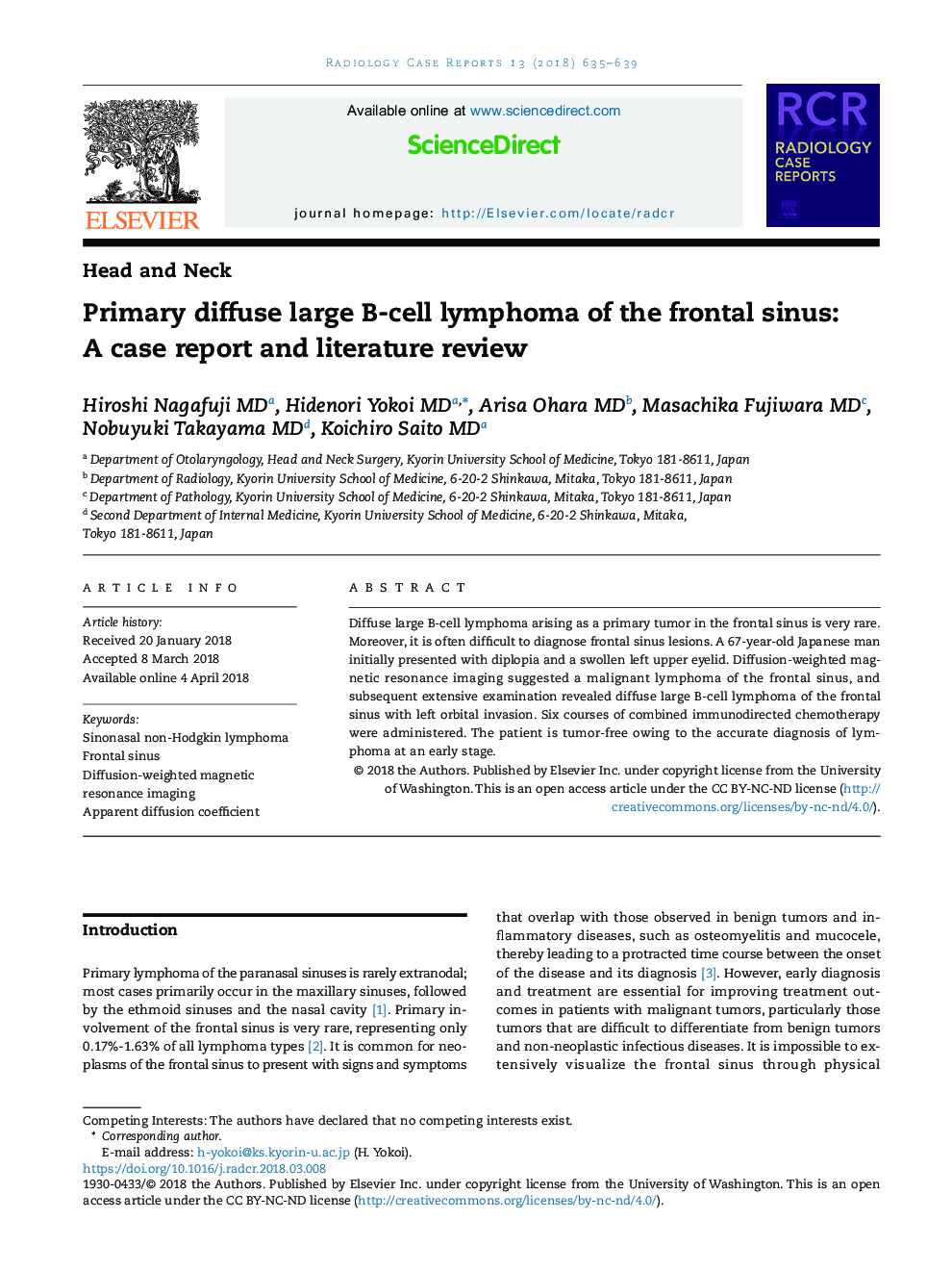 Primary diffuse large B-cell lymphoma of the frontal sinus: A case report and literature review