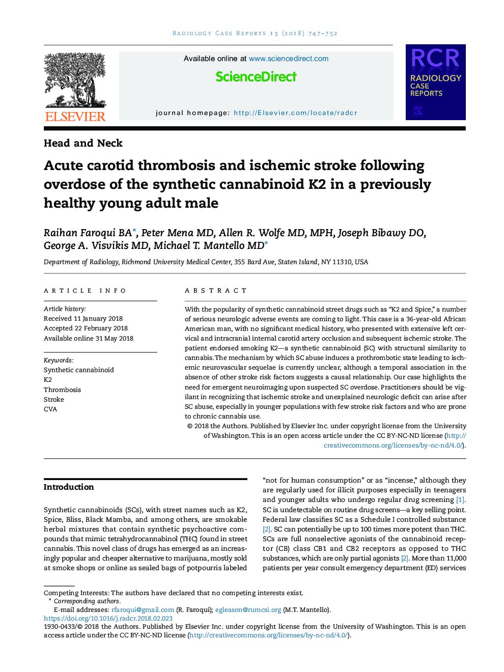 Acute carotid thrombosis and ischemic stroke following overdose of the synthetic cannabinoid K2 in a previously healthy young adult male