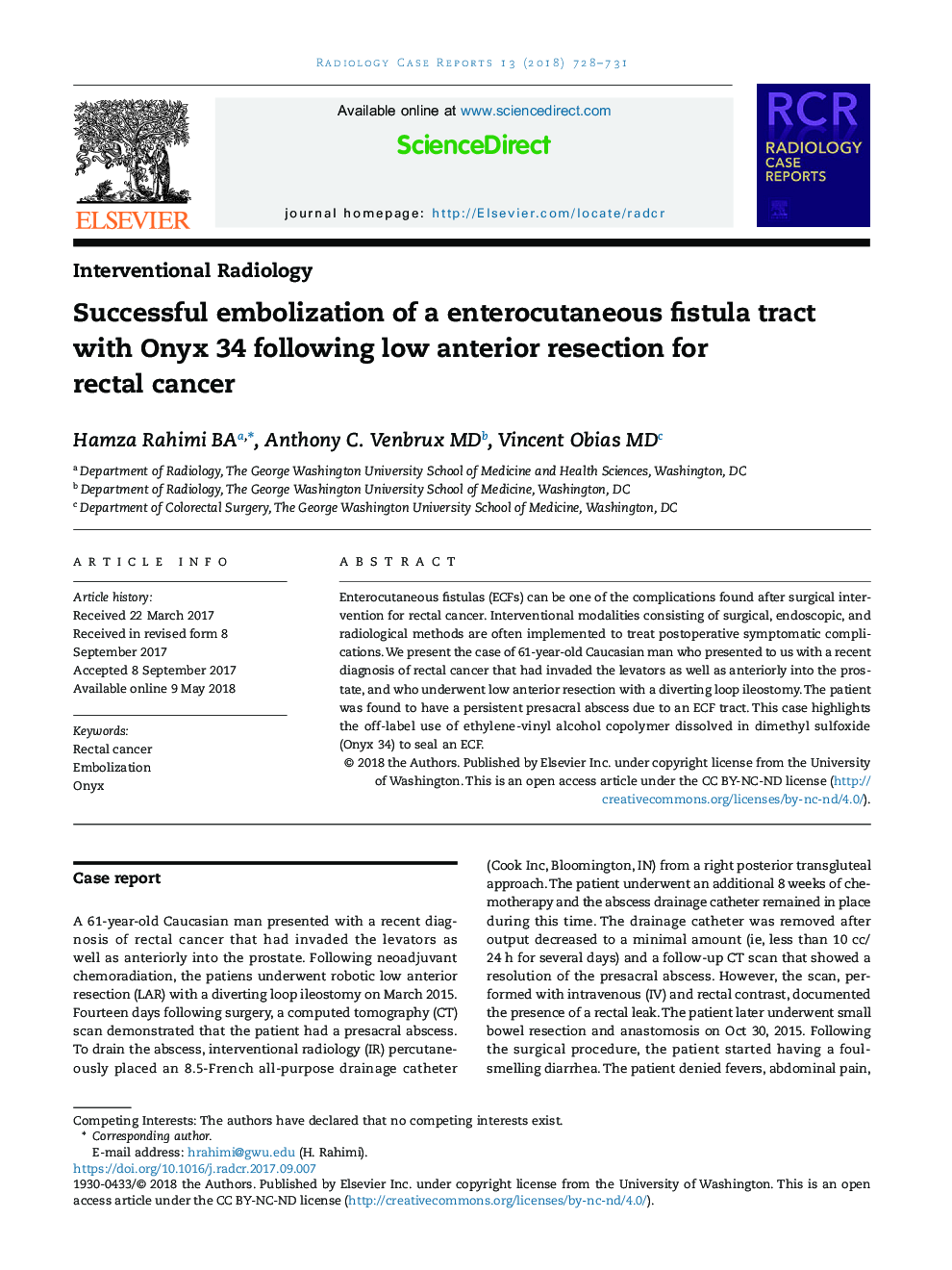 Successful embolization of a enterocutaneous fistula tract with Onyx 34 following low anterior resection for rectal cancer