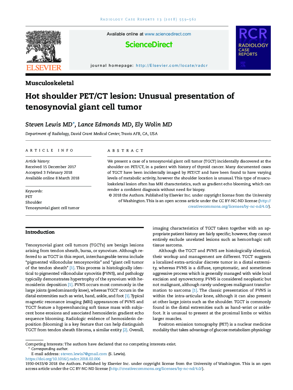 Hot shoulder PET/CT lesion: Unusual presentation of tenosynovial giant cell tumor