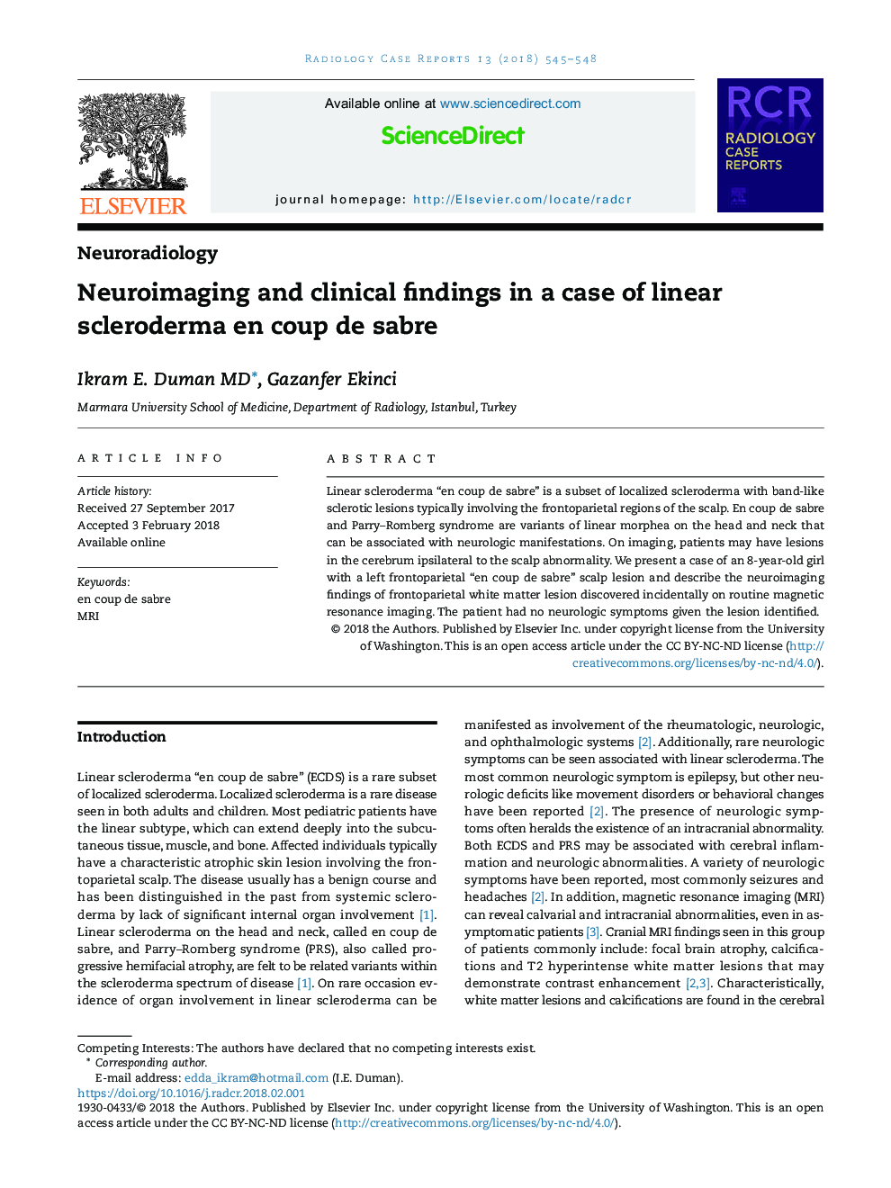 Neuroimaging and clinical findings in a case of linear scleroderma en coup de sabre