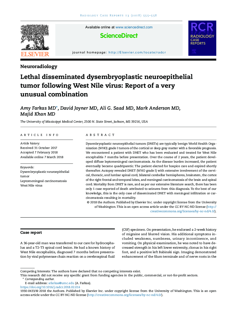 Lethal disseminated dysembryoplastic neuroepithelial tumor following West Nile virus: Report of a very unusual combination