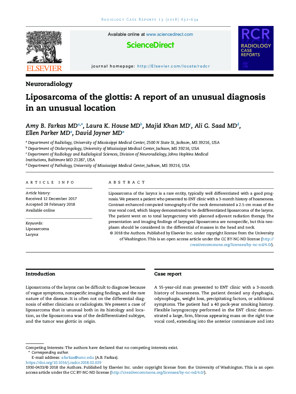 Liposarcoma of the glottis: A report of an unusual diagnosis in an unusual location