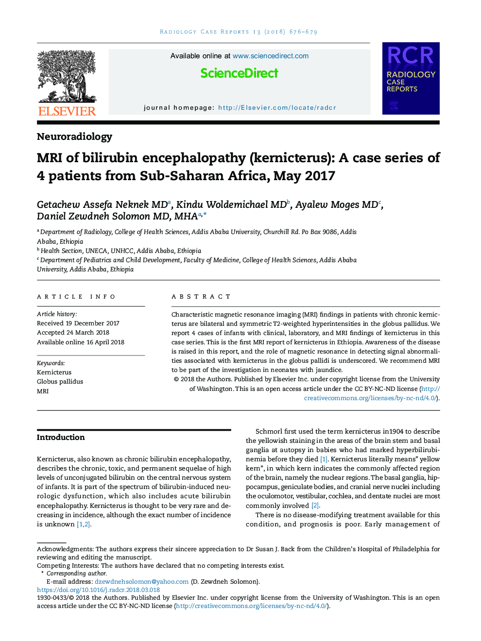 MRI of bilirubin encephalopathy (kernicterus): A case series of 4 patients from Sub-Saharan Africa, May 2017