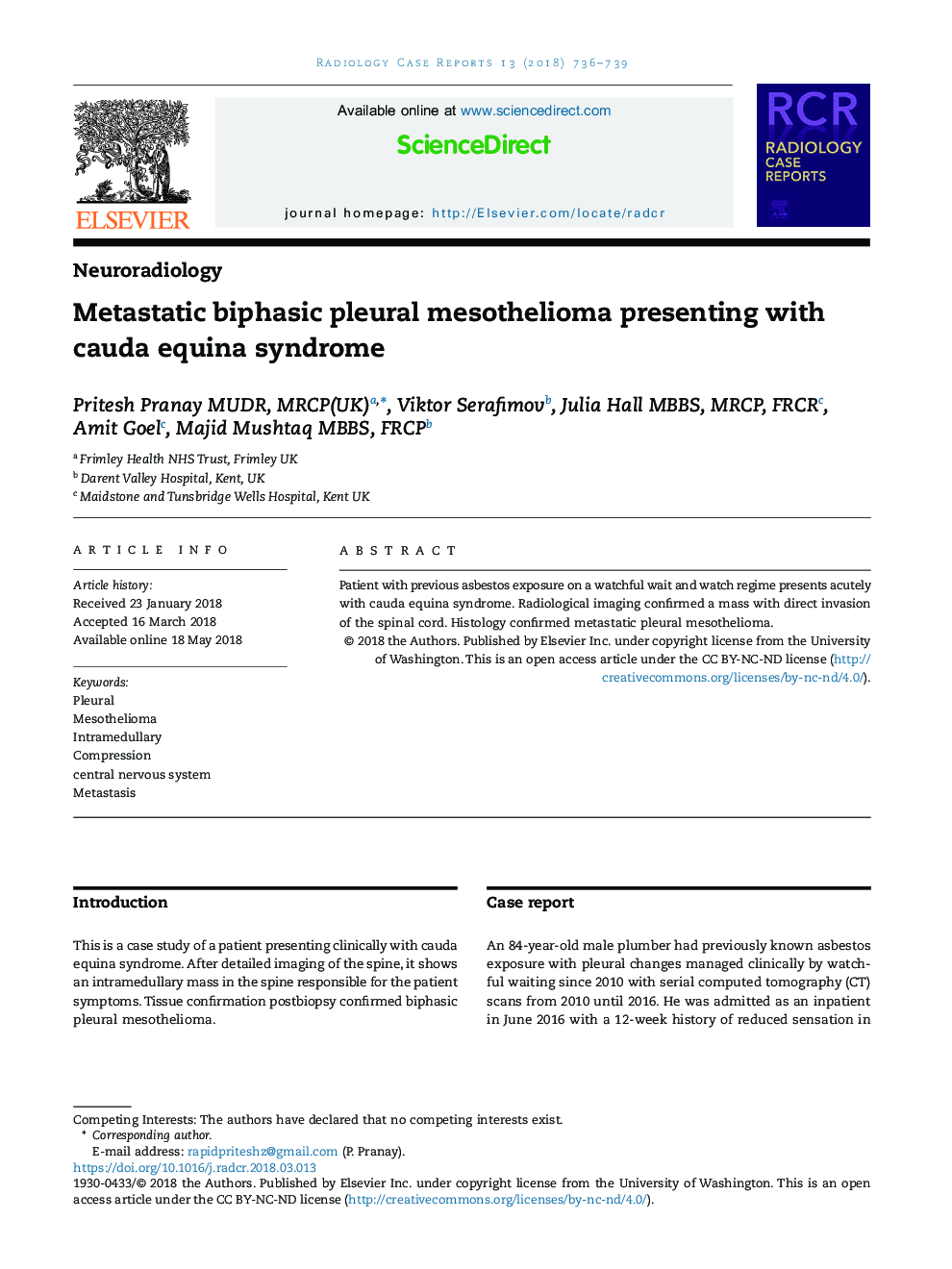 Metastatic biphasic pleural mesothelioma presenting with cauda equina syndrome