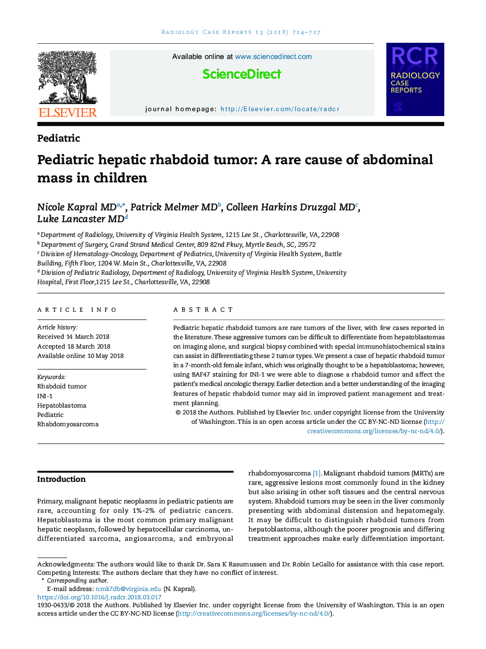 Pediatric hepatic rhabdoid tumor: A rare cause of abdominal mass in children