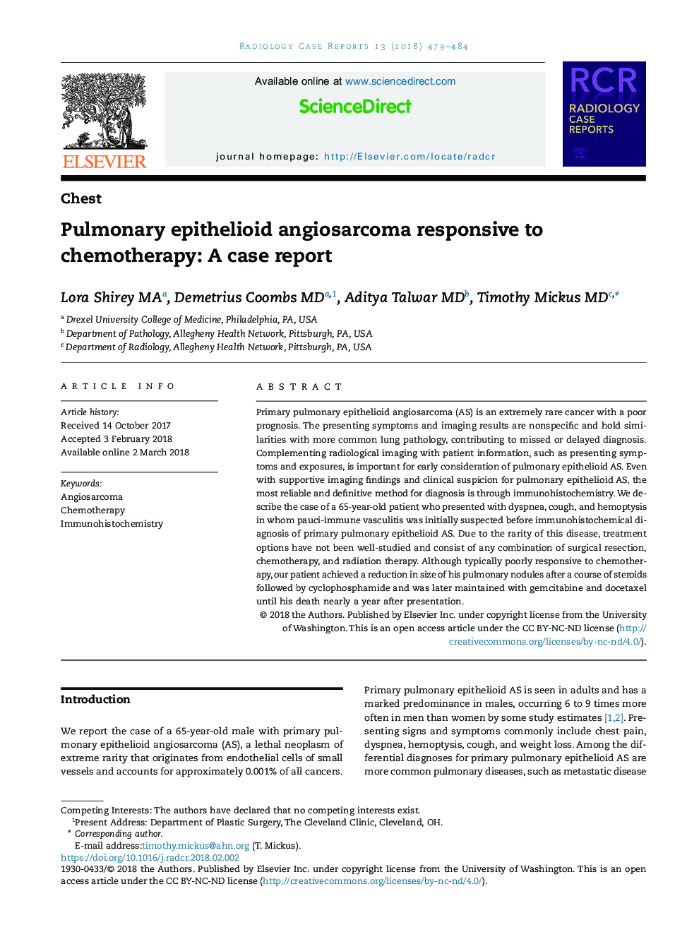 Pulmonary epithelioid angiosarcoma responsive to chemotherapy: A case report