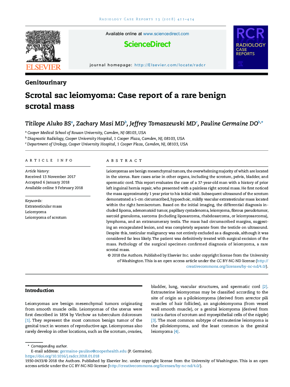 Scrotal sac leiomyoma: Case report of a rare benign scrotal mass