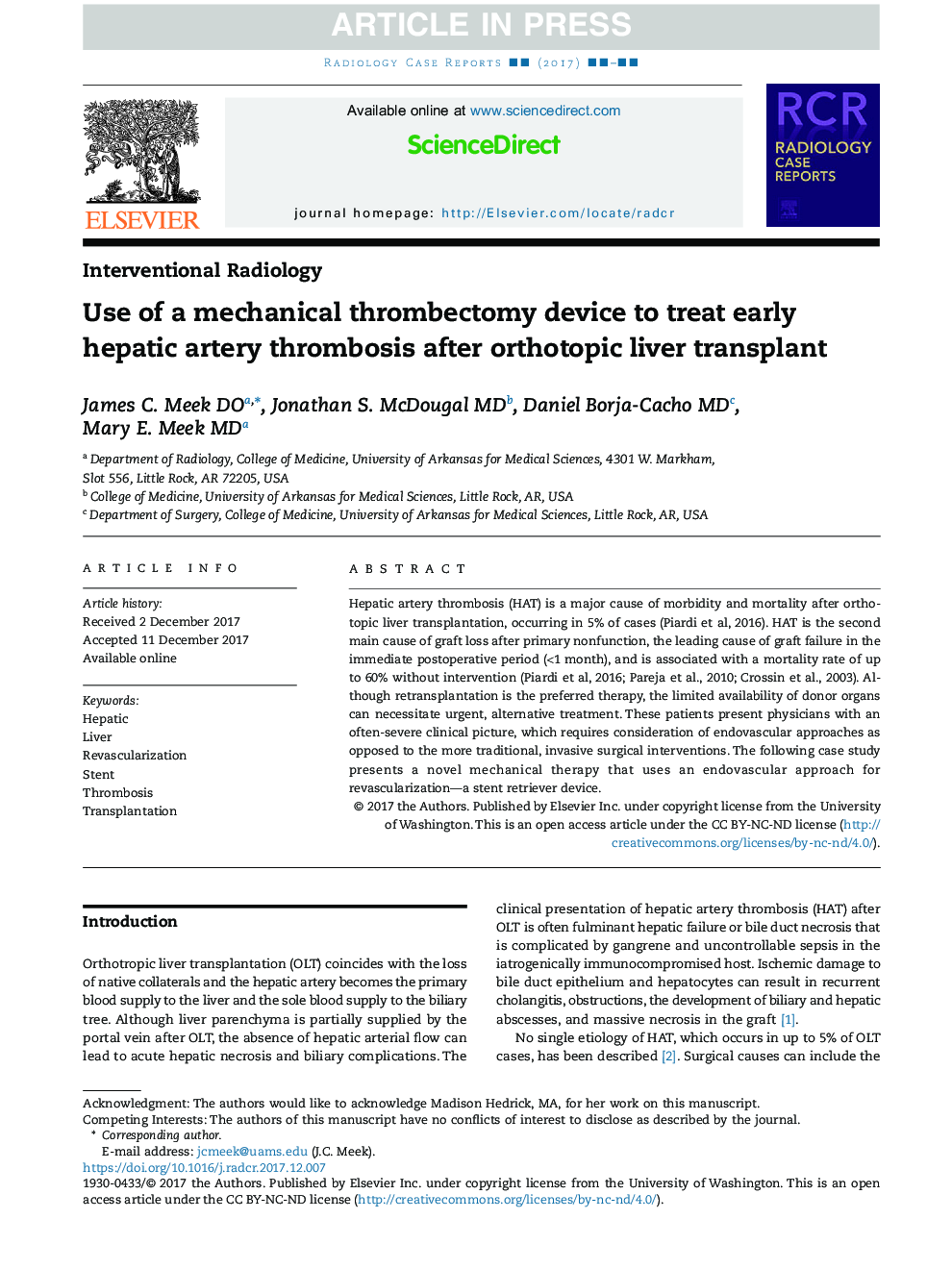 Use of a mechanical thrombectomy device to treat early hepatic artery thrombosis after orthotopic liver transplant