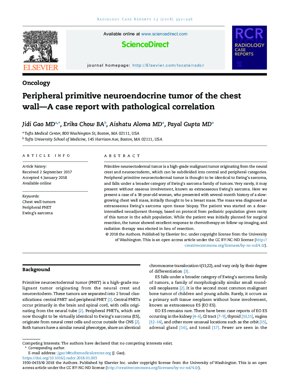 Peripheral primitive neuroendocrine tumor of the chest wall-A case report with pathological correlation