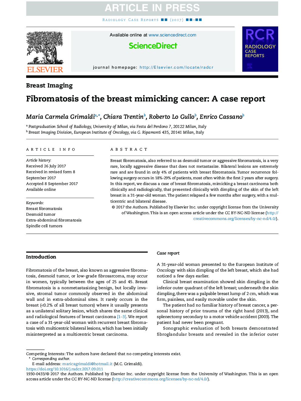 Fibromatosis of the breast mimicking cancer: A case report