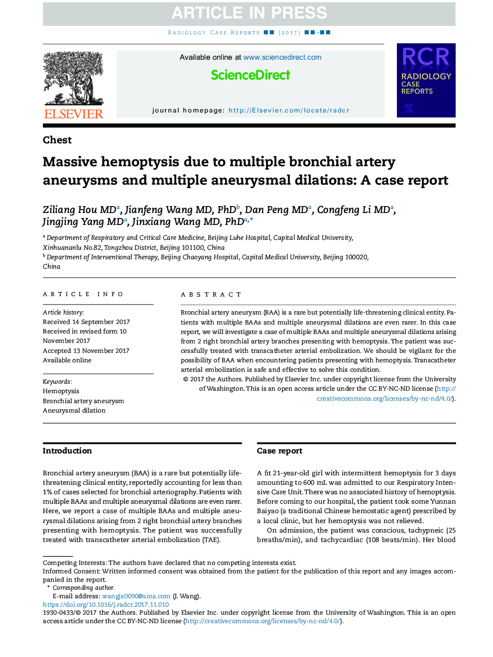 Massive hemoptysis due to multiple bronchial artery aneurysms and multiple aneurysmal dilations: A case report