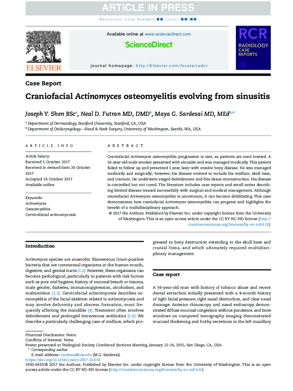 Craniofacial Actinomyces osteomyelitis evolving from sinusitis