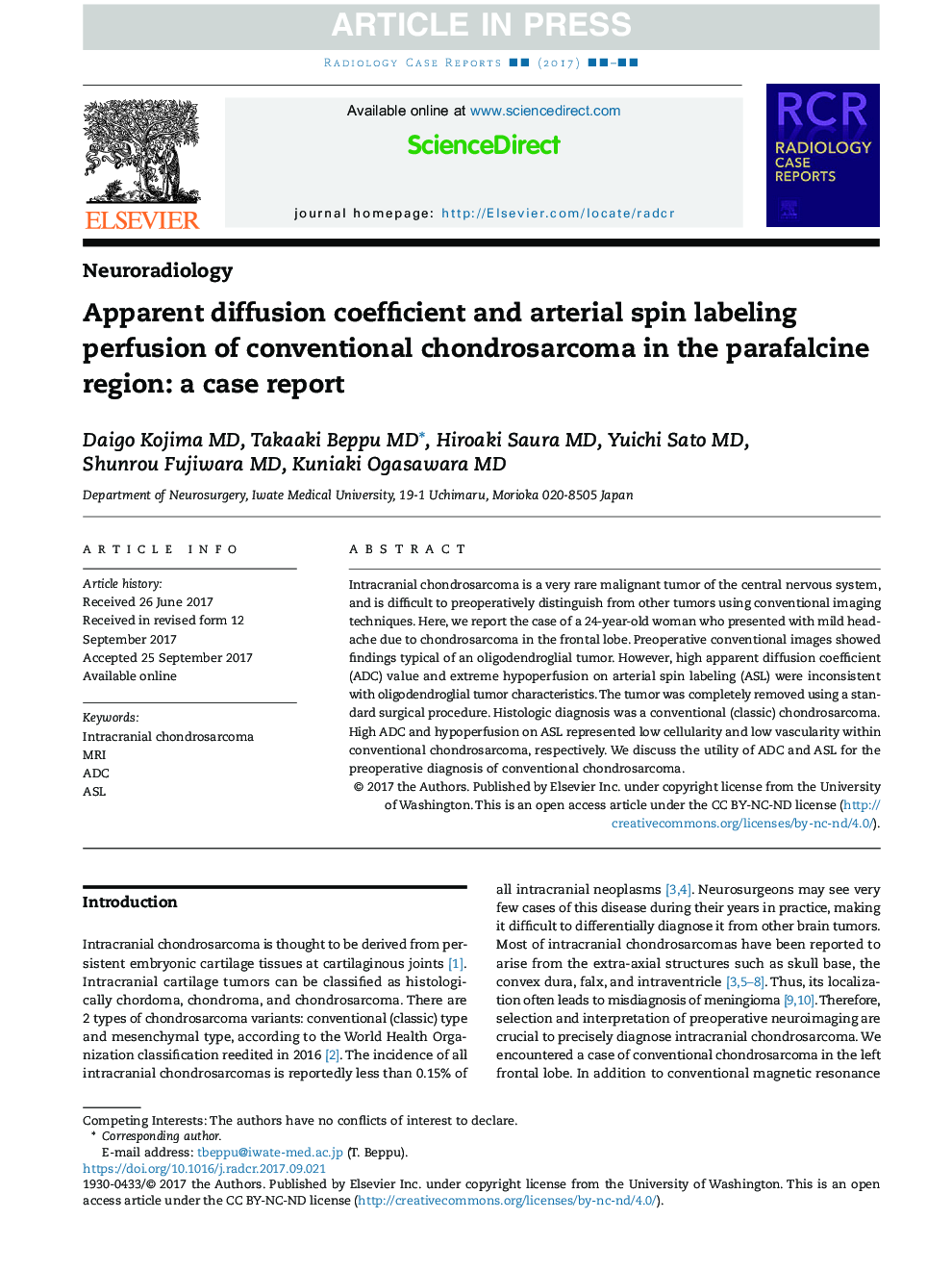 Apparent diffusion coefficient and arterial spin labeling perfusion of conventional chondrosarcoma in the parafalcine region: a case report