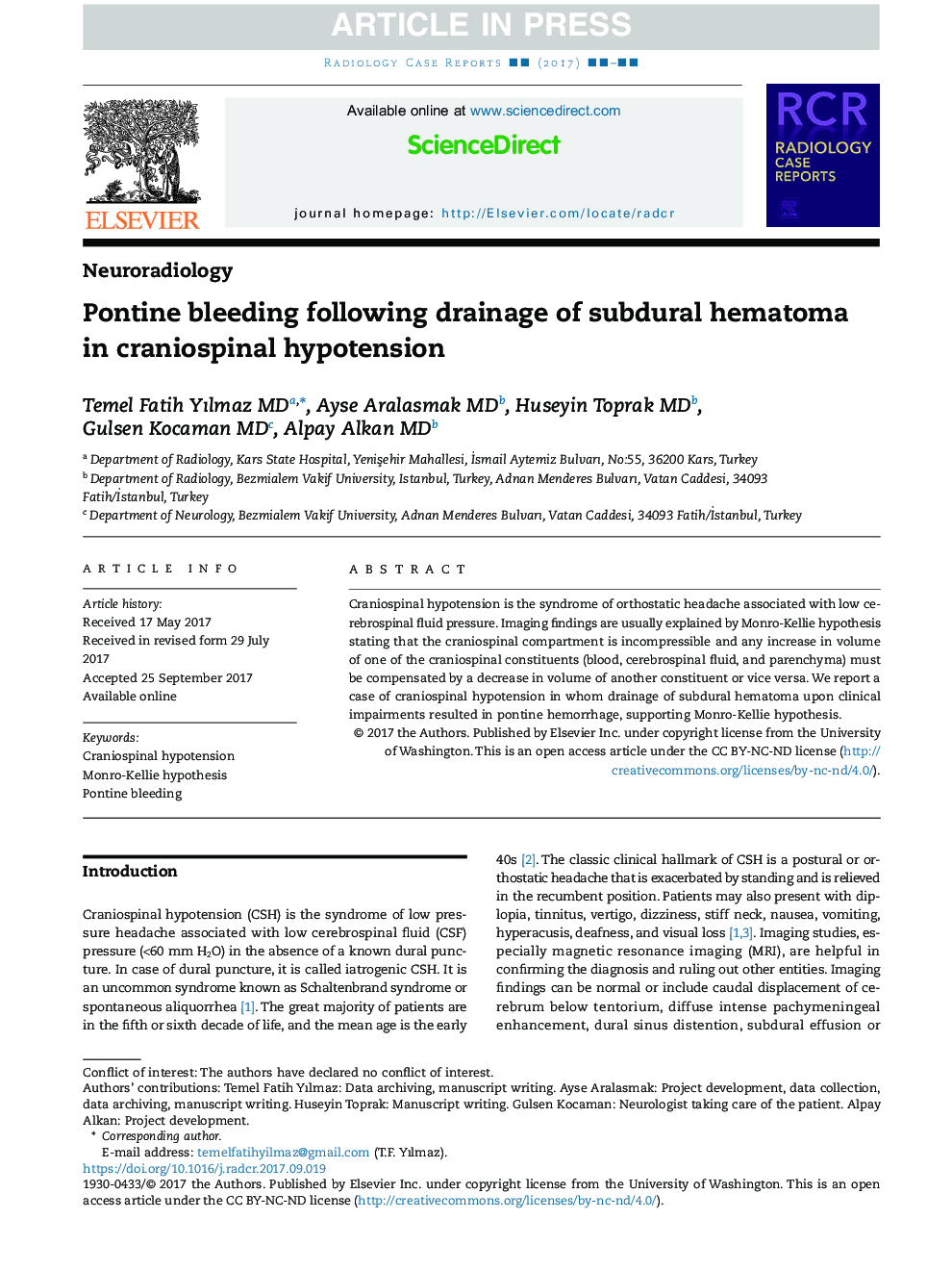 Pontine bleeding following drainage of subdural hematoma in craniospinal hypotension