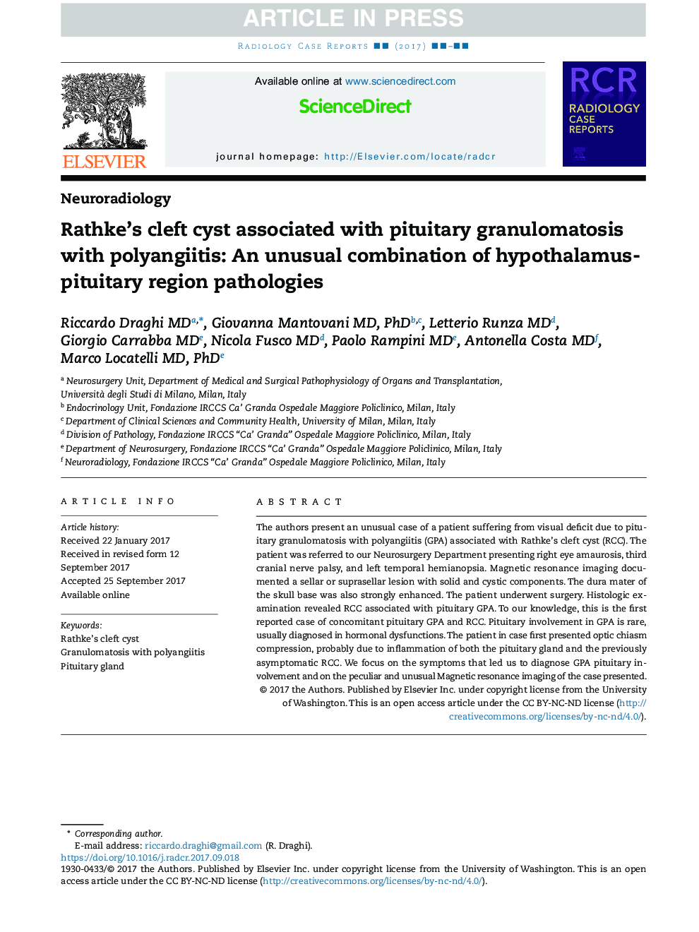 Rathke's cleft cyst associated with pituitary granulomatosis with polyangiitis: An unusual combination of hypothalamus-pituitary region pathologies