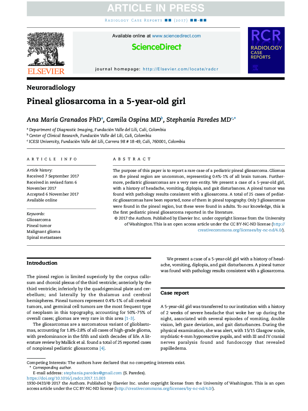 Pineal gliosarcoma in a 5-year-old girl