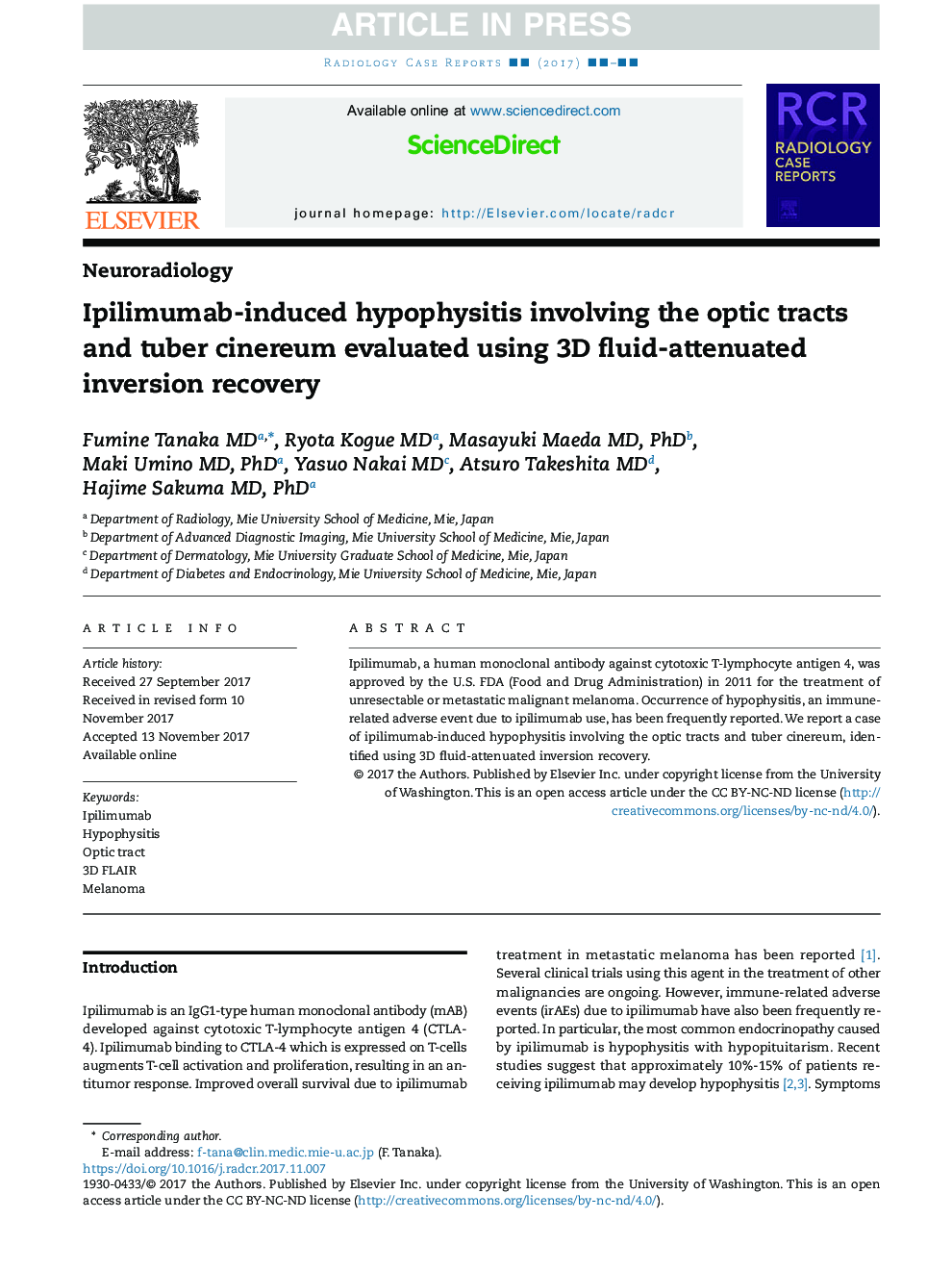 Ipilimumab-induced hypophysitis involving the optic tracts and tuber cinereum evaluated using 3D fluid-attenuated inversion recovery