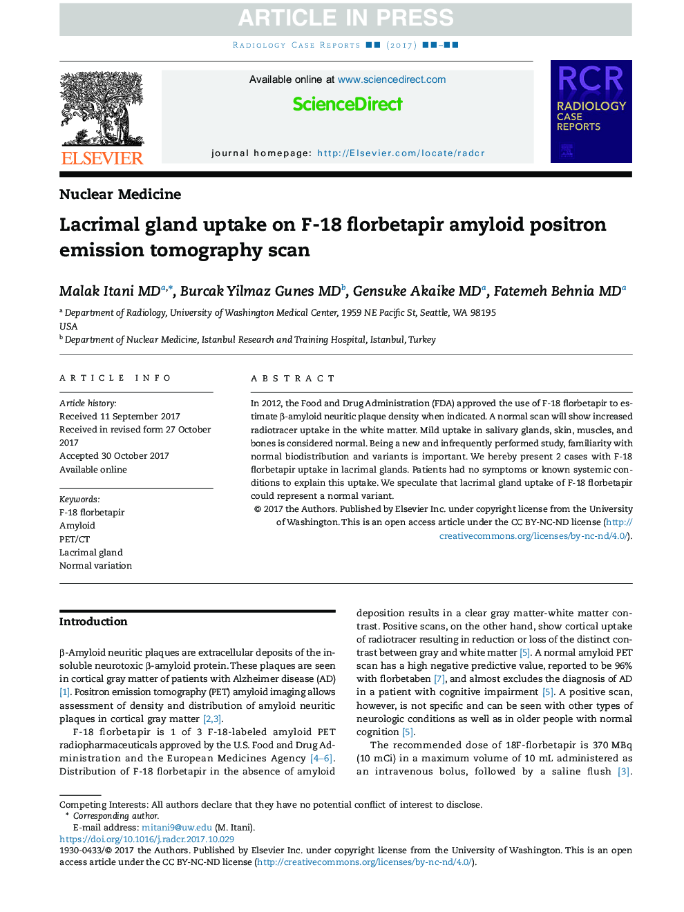 Lacrimal gland uptake on F-18 florbetapir amyloid positron emission tomography scan