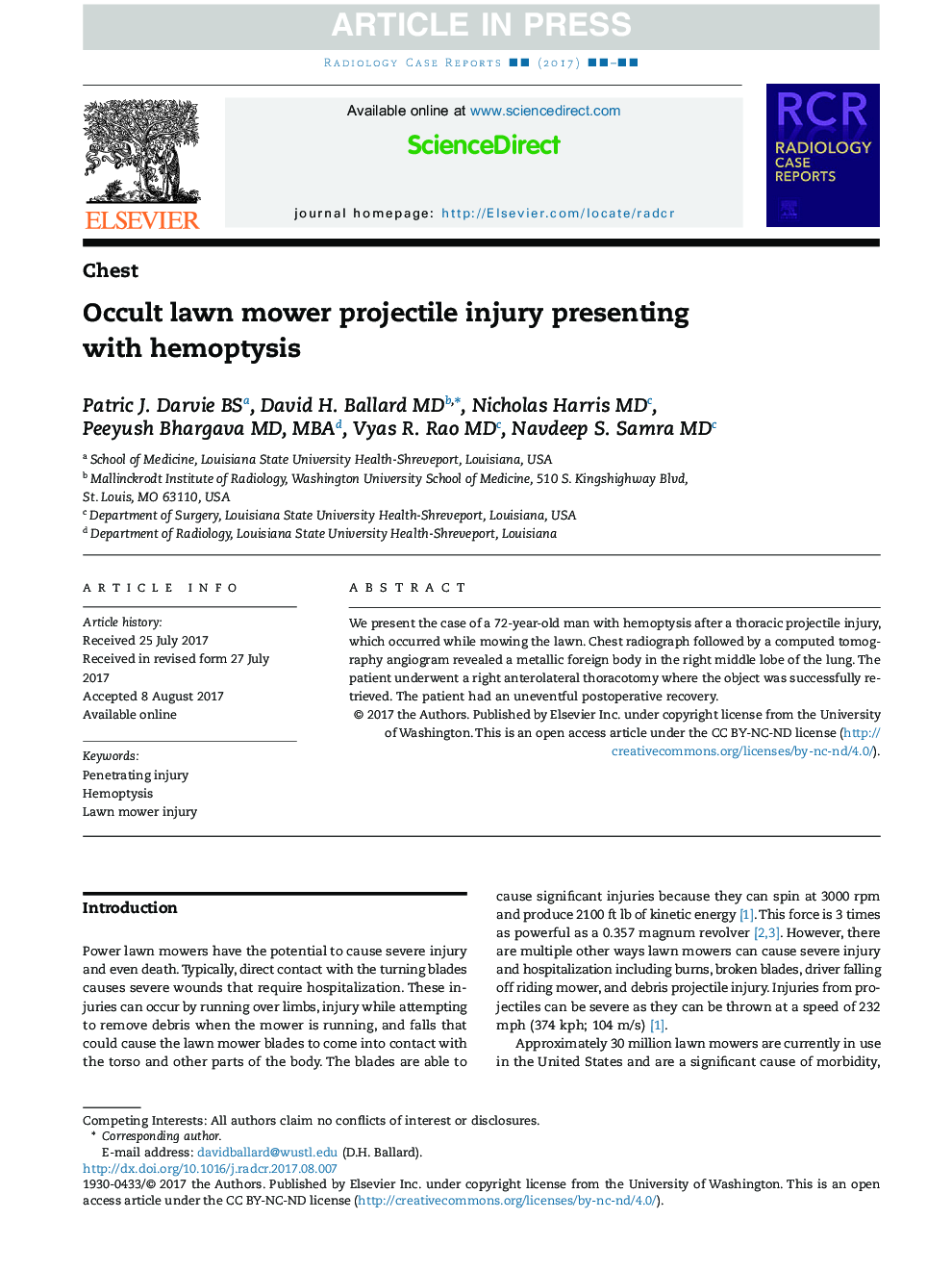 Occult lawn mower projectile injury presenting with hemoptysis