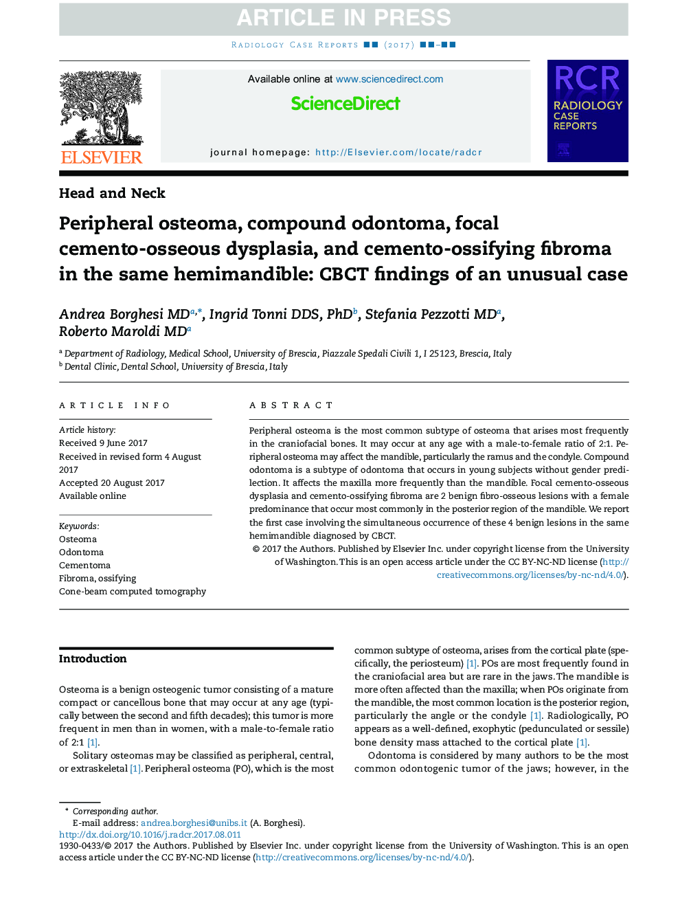 Peripheral osteoma, compound odontoma, focal cemento-osseous dysplasia, and cemento-ossifying fibroma in the same hemimandible: CBCT findings of an unusual case