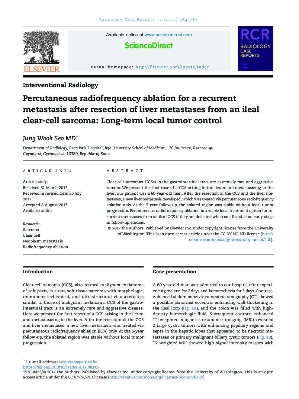 Percutaneous radiofrequency ablation for a recurrent metastasis after resection of liver metastases from an ileal clear-cell sarcoma: Long-term local tumor control