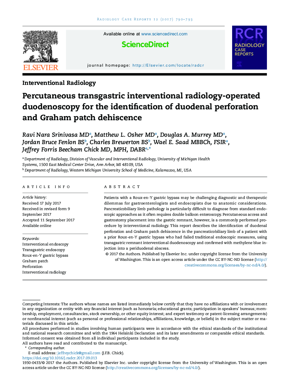 Percutaneous transgastric interventional radiology-operated duodenoscopy for the identification of duodenal perforation and Graham patch dehiscence