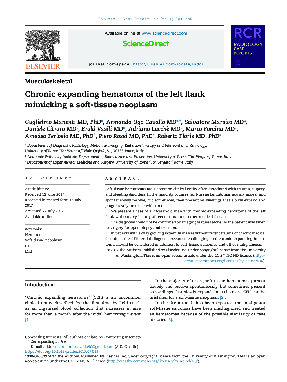 Chronic expanding hematoma of the left flank mimicking a soft-tissue neoplasm