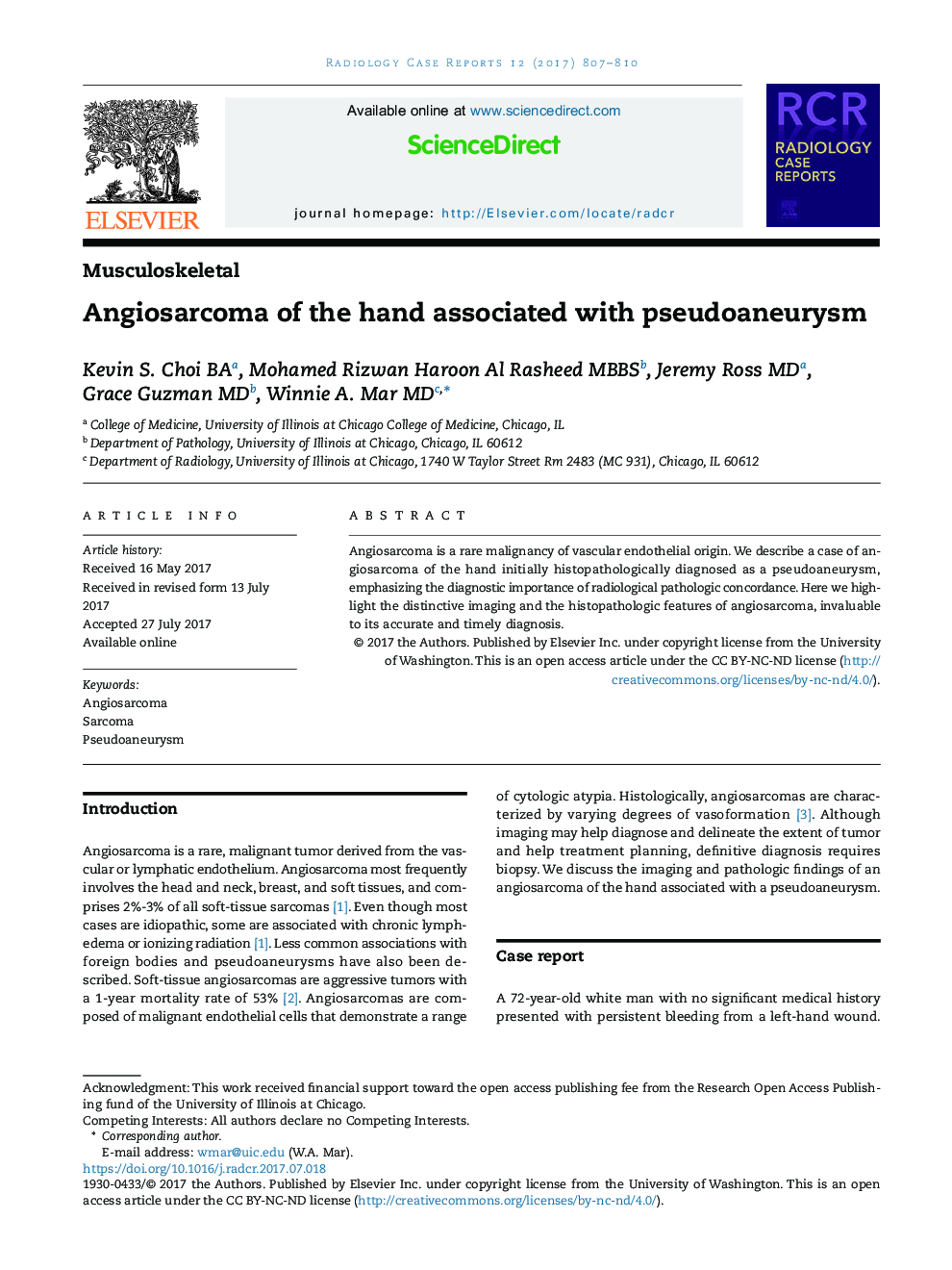 Angiosarcoma of the hand associated with pseudoaneurysm