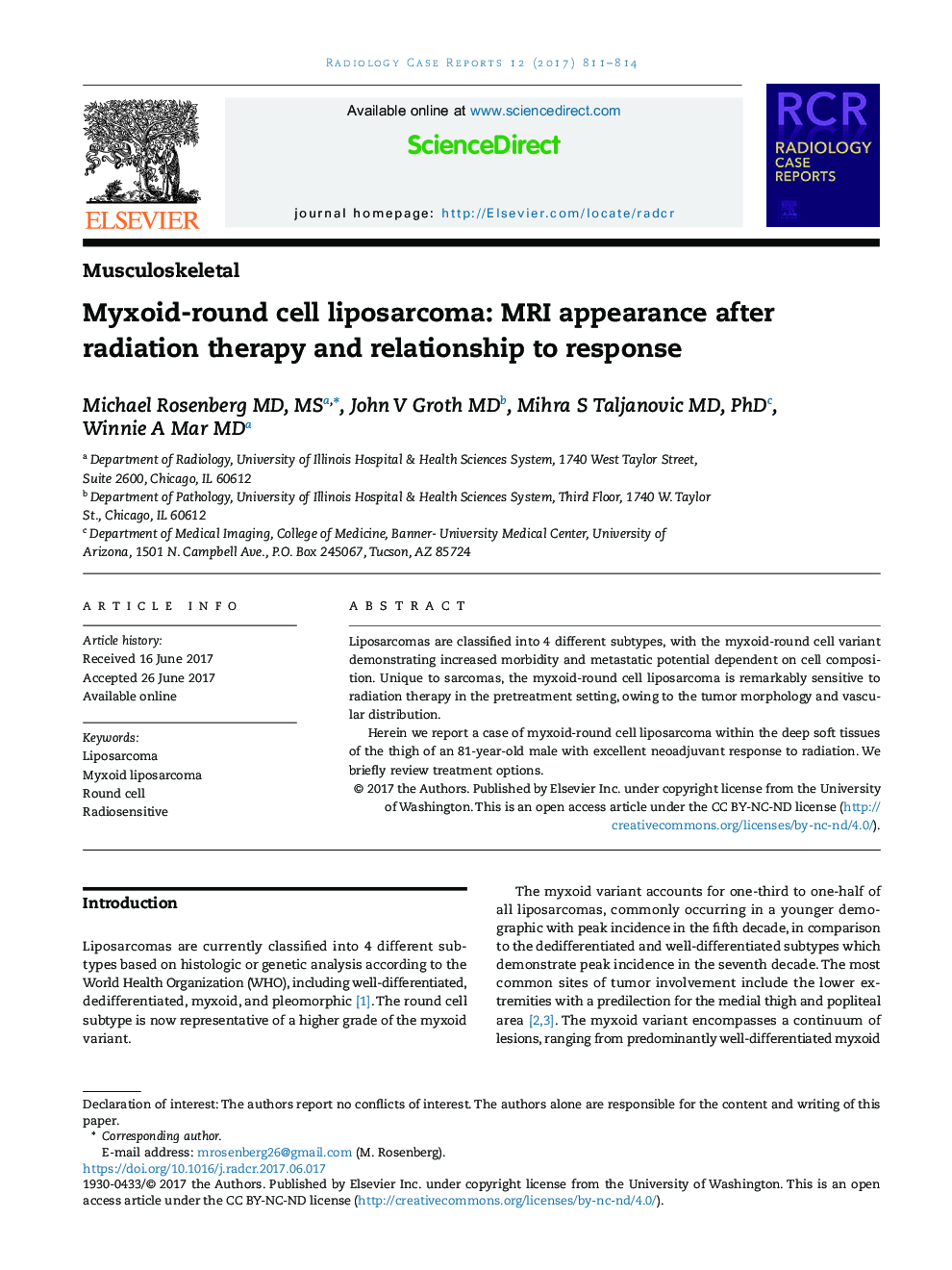 Myxoid-round cell liposarcoma: MRI appearance after radiation therapy and relationship to response