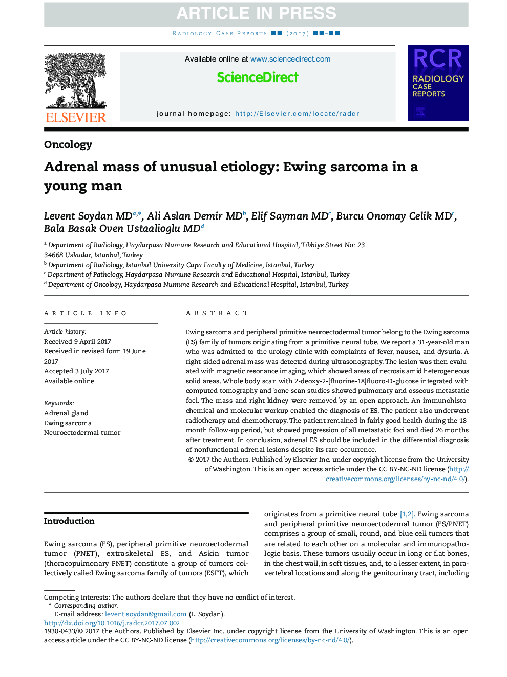 Adrenal mass of unusual etiology: Ewing sarcoma in a young man