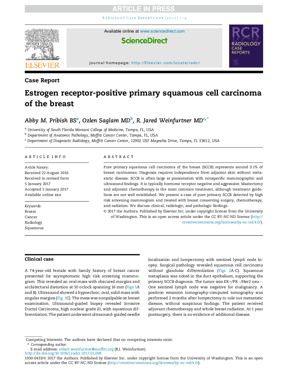 Estrogen receptor-positive primary squamous cell carcinoma of the breast